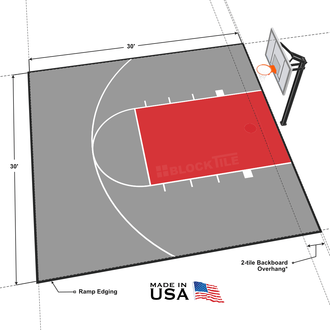 30x30 Backyard Basketball Court Red Key Gray Court BlockTile
